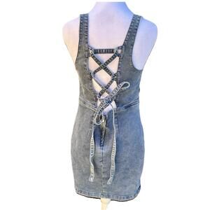 Charlotte Ruse Stretch Denim Mini Overall  Dress With Lace Up Back Sz M